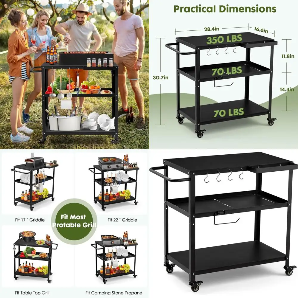 

Portable Outdoor Grill and Pizza Oven Table with 4 Lockable Casters, Hooks, and Side Handle (Black)