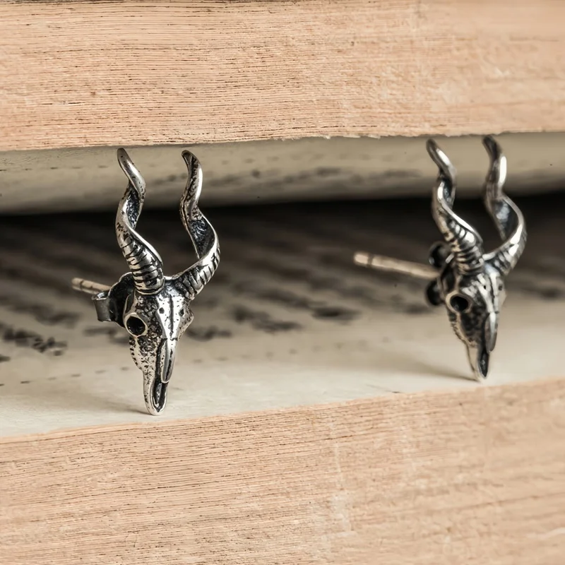 NEW Real S925 Sterling Silver Charms Stud Earrings for Women Men Ancient Sheep Head Skull Ear Stud Punk Fine Choice Jewelry