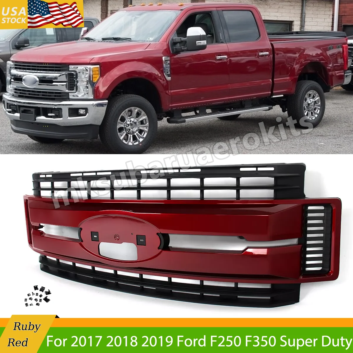 Front Bumper Grille Ruby Red Metallic For 2017-2019 Ford F250 F350 F450 Super Duty Car Modified Grille Accessories Upper Grille