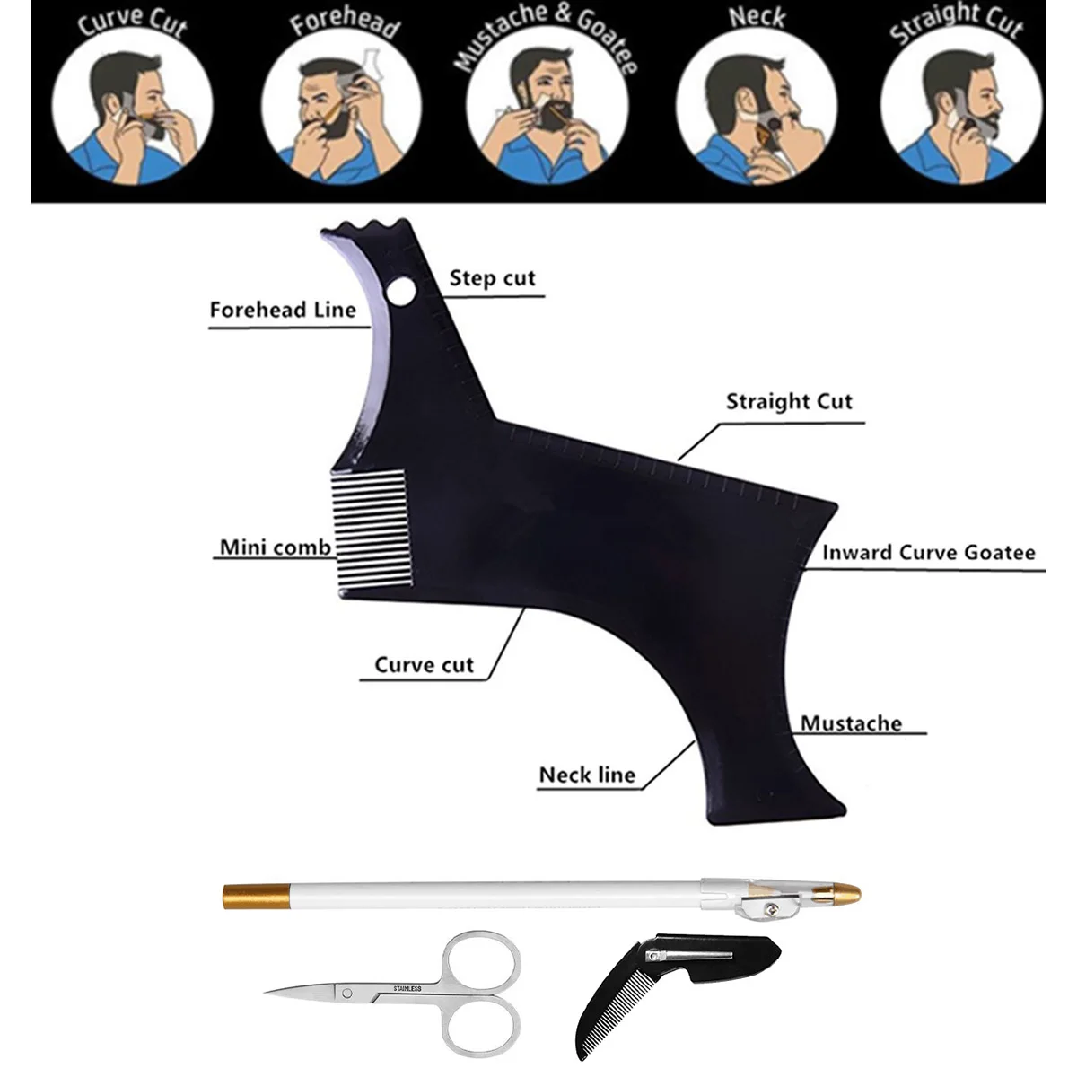 4Pcs Set Beard Shaping Kit Multi-Curve Hairline Template Beard Comb Pencil Scissors Barbershop Accessories Beard Styling Tool gallery 1