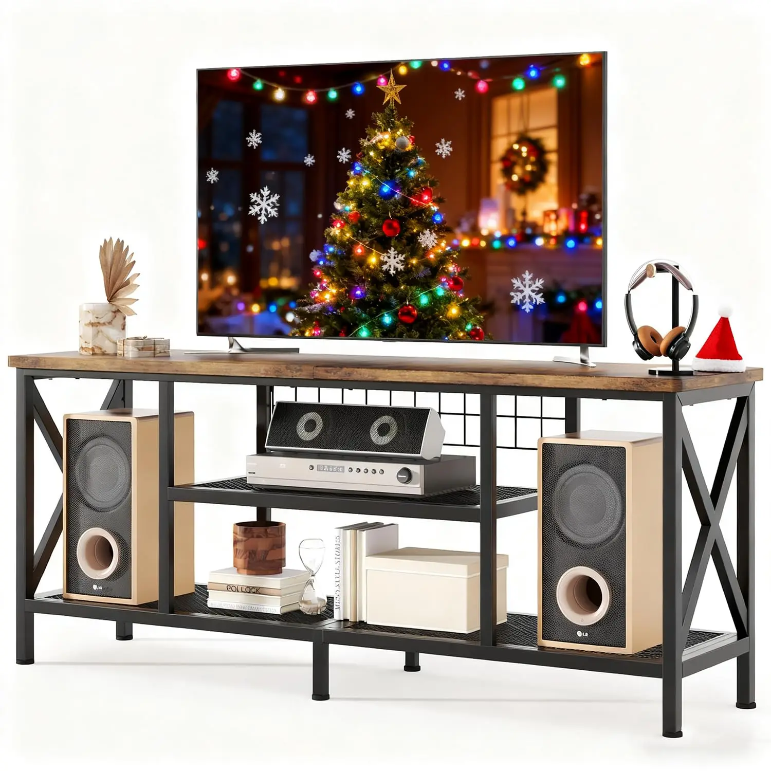 

59.8" Industrial TV Stand for 55-65 Inch TVs, Rustic Brown, 3-Tier Media Entertainment Center with Open Shelves, Metal Frame, So
