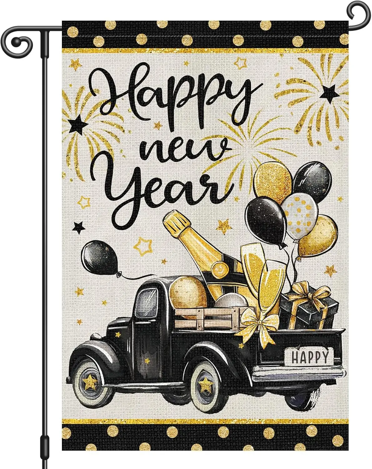 Heyfibro Happy New Year Truck Garden Flag 12x18 Inch Double Sided Black Gold Champagne Balloon Garden Flag Decorative Firewo llz