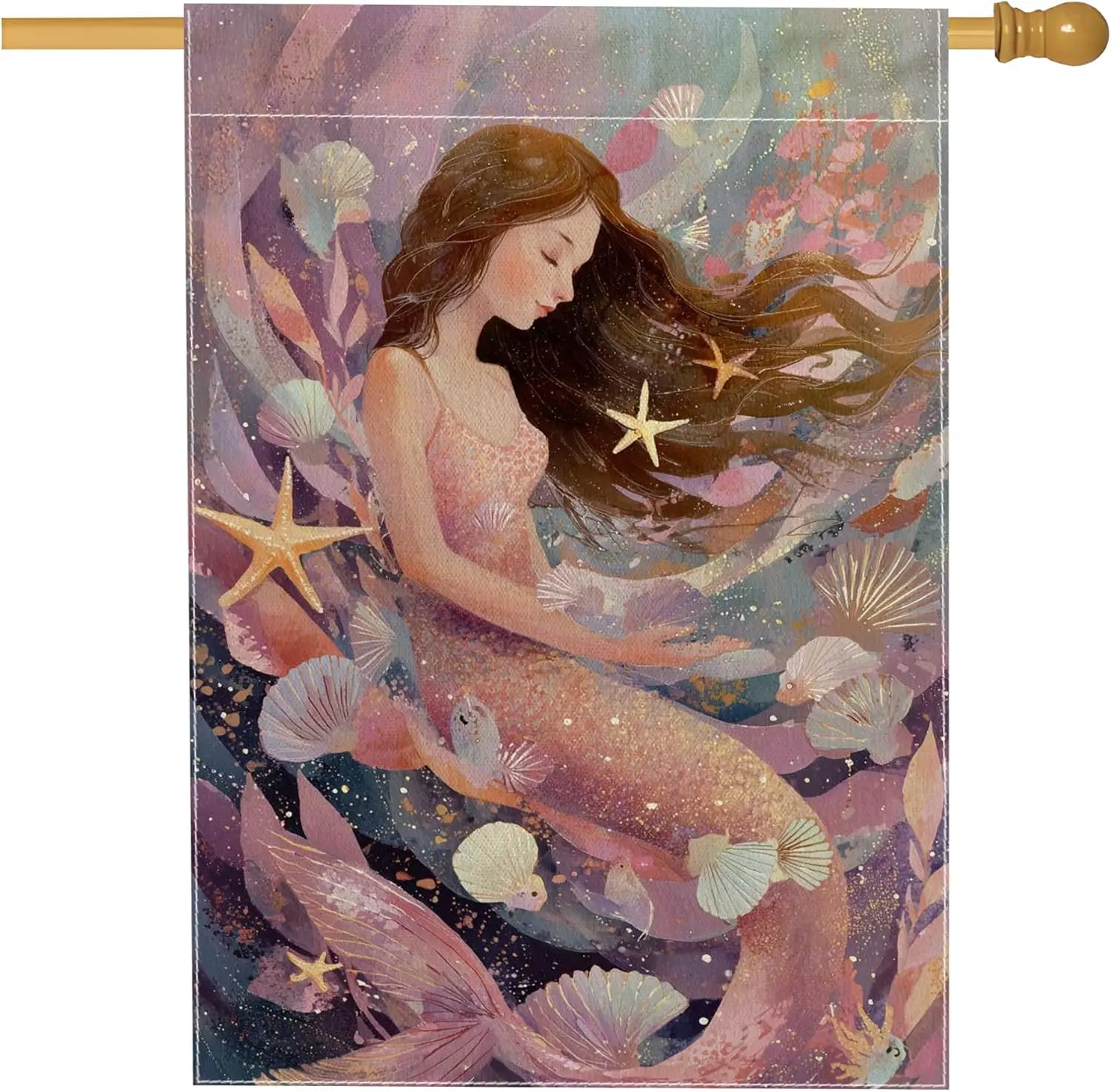 Mermaid House Flag, Fantasy Fanciful Starfish Shell Summer Peach Double Sided Burlap Outside Large Garden Flag for Outdoor P ZZM