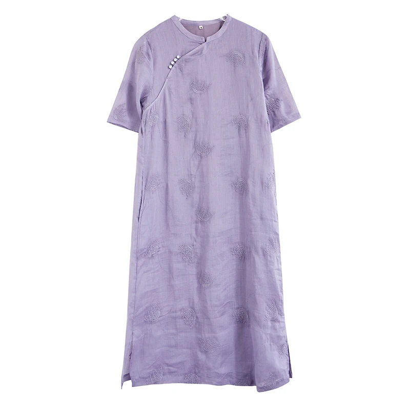 Ele Algodão Linho Dr Bordado Roxo Feminino Midi Dr Clássico Chinês Sle Rejuvenescedor Design Artístico