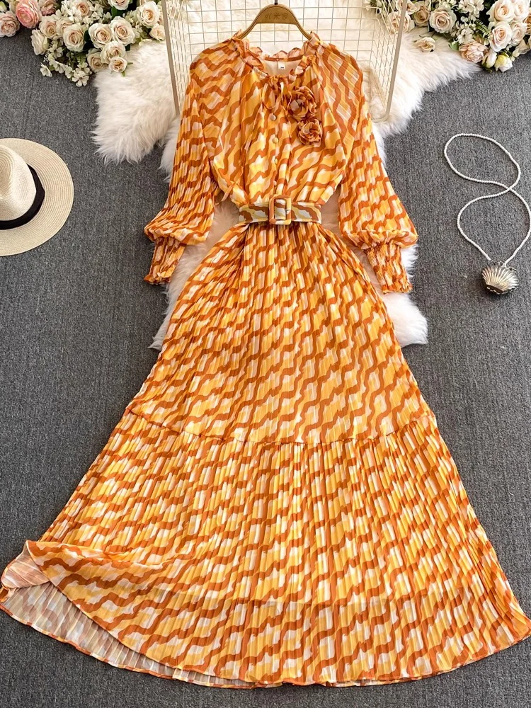 

Spring Autumn Women Print Pleated Long Dress Vintage Ruffle Collar Lantern Sleeve High Waist Draped Maxi Vestidos Beach Vacation