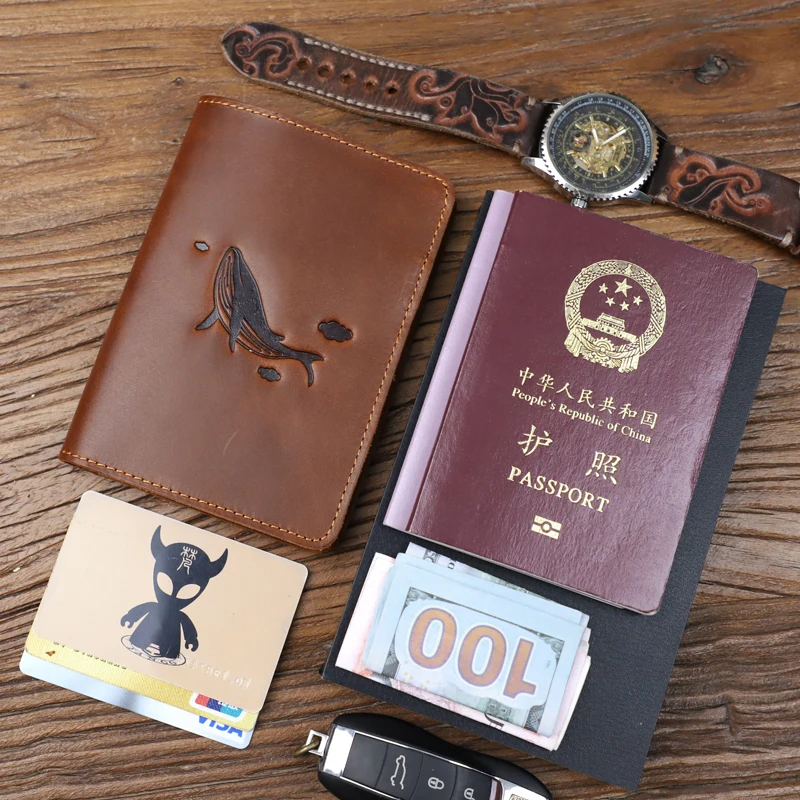 

Crazy Horse Leather Passport Holder Bag Handmade Genuine Leather Credit Card Wallet Passport Book Cover For Travel