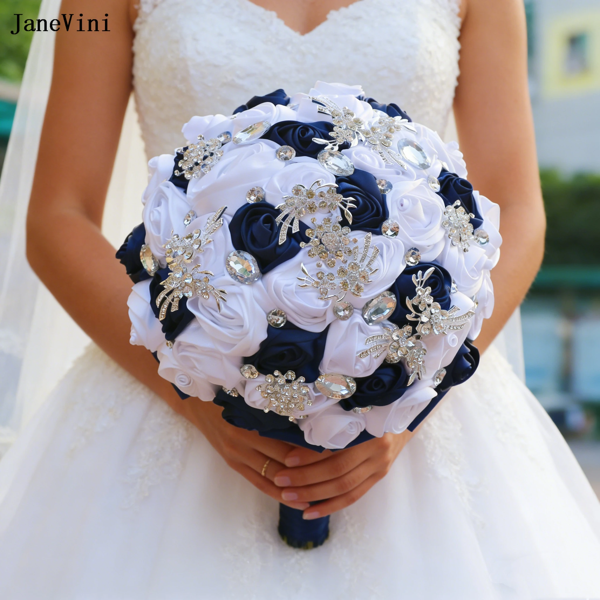 JaneVini 2026 Navy Blue White Wedding Flowers Bridal Bouquets with Crystals Rhinestones Artificial Satin Roses Wedding Bouquet