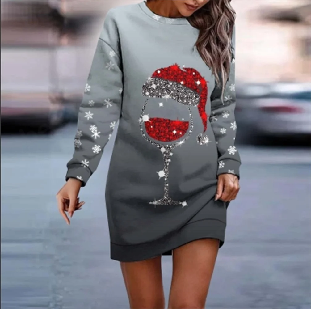 

Ladies' autumn and winter fashion Christmas print round neck long sleeved casual skirt dress hoodie