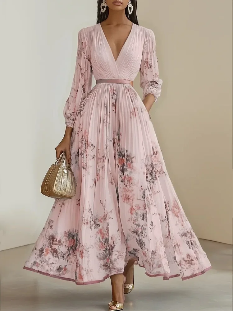 2025 Summer Long Sleeve Boho Maxi Long Dress Woman Elegant Floral Print A-Line Pleated Sexy Deep V Neck High Waist Dress Autumn