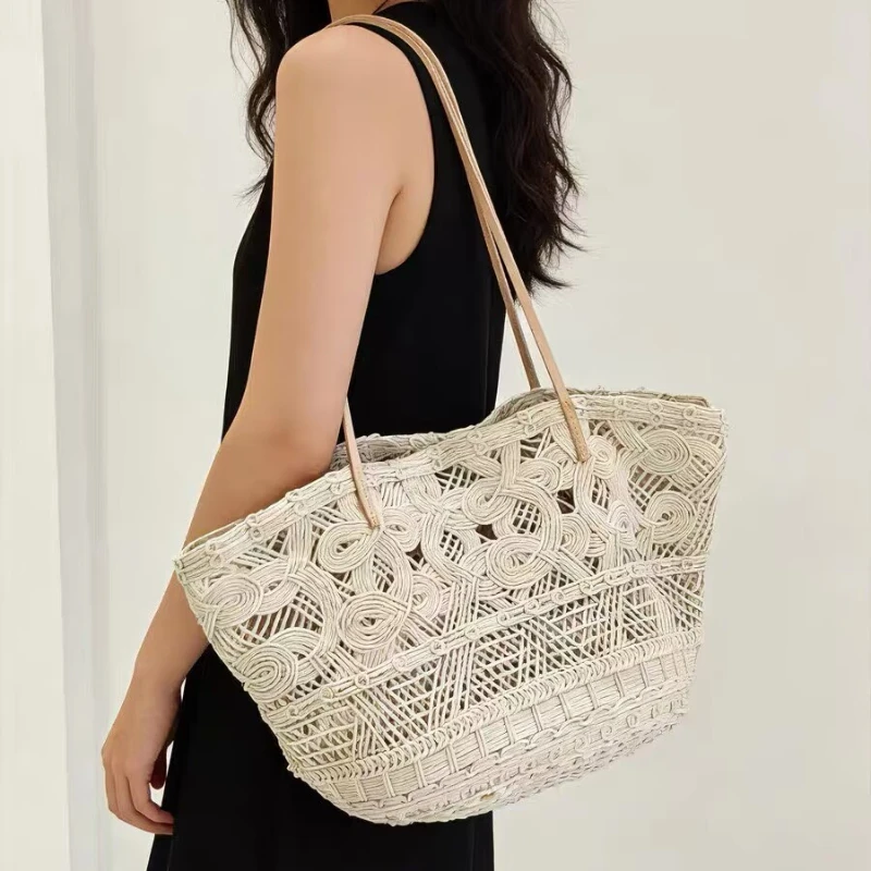 

Women Bohemian Cotton Woven Tote Bag Hollow Out Large Capacity Open Top Beach Travel Casual Daily Shoulder Bag