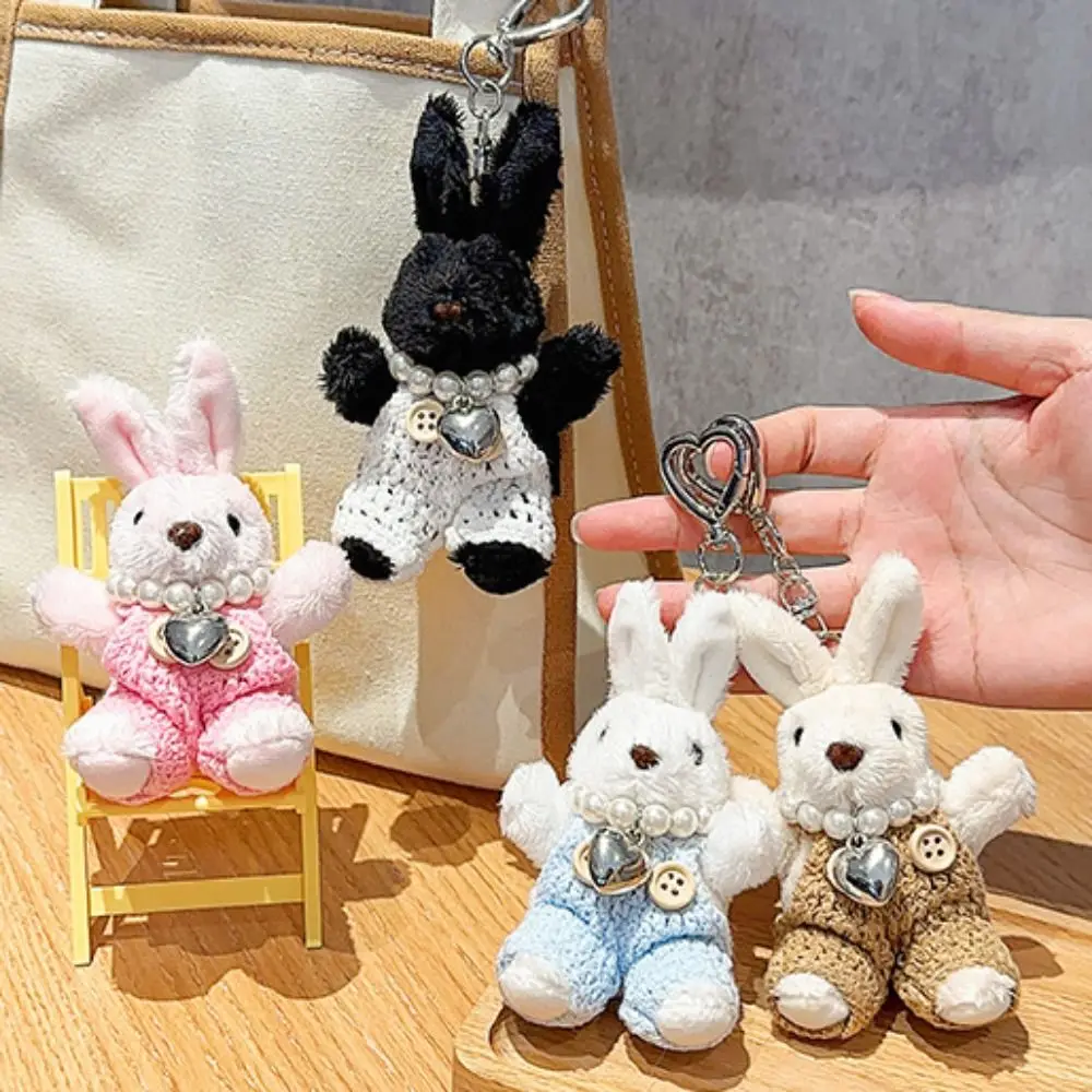 Pearl Necklace Plush Rabbit Keychain Handmade Sweater Fluffy Bunny Stuffed Toys Pendant Soft Collection Bunny Heart Keyring