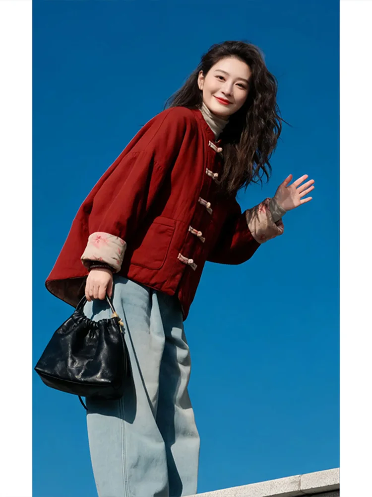 

Thickened Cotton Jacket Chinese Style Retro Warm Short Outerwear Button Design Traditional National Fashion Commuter Style Wo...
