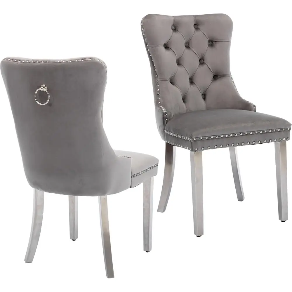 

Серо-серебристый обеденный комплект со стульями на мягкой обивке и спинками для небольших помещений