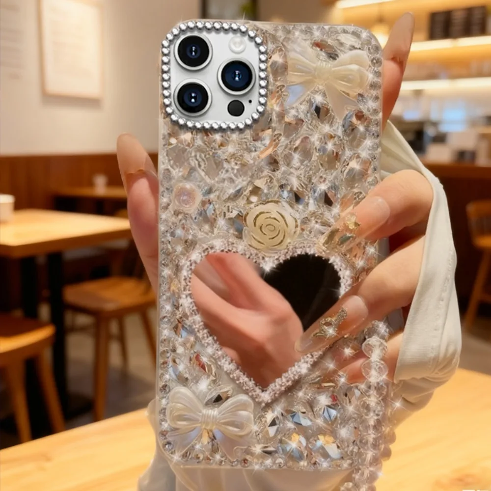 Luxuriöse Diamant-Strass-Liebes-Spiegel-Make-up-Handyhülle für iPhone 18 17 Pro Max 11 12 13 14 15 16 Pro Max mit Kristall-Lanyard – Detail 3