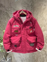 Men's Winter Padded Jacket Hooded Duck down Coat Multi-Pocket Badge Thickened Windproof Warmth Outerwear Polyester Fiber