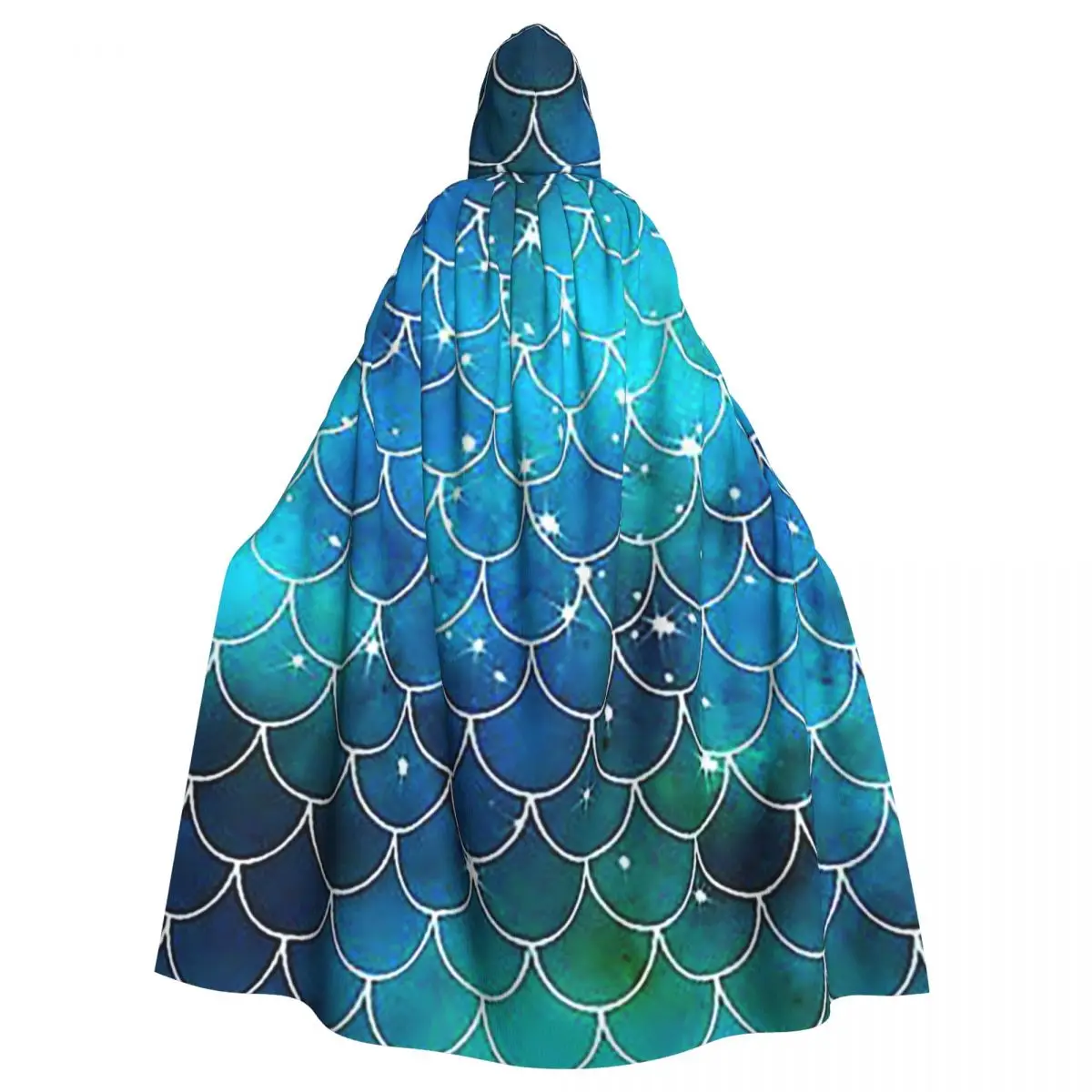 Blue Mermaid Pattern Mermaid Scales Long Hooded Cloak Witch Medieval Costume Cosplay Cape HalloweenParty Adult Unisex