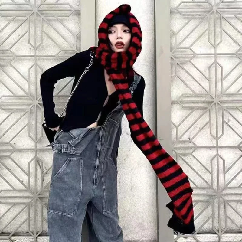 

Ruibbit Hot Girl Punk Gry Red Japanese Headdress Stripe Scarf Plush Hooded Hat Winter Warm Windproof Scarf Woman Y2k