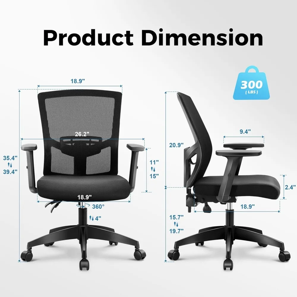 Ergonomic Mid-Back Mesh Office Chair Adjustable Armrest Breathable Home Desk Computer Task Chair Long-Tail Comfort