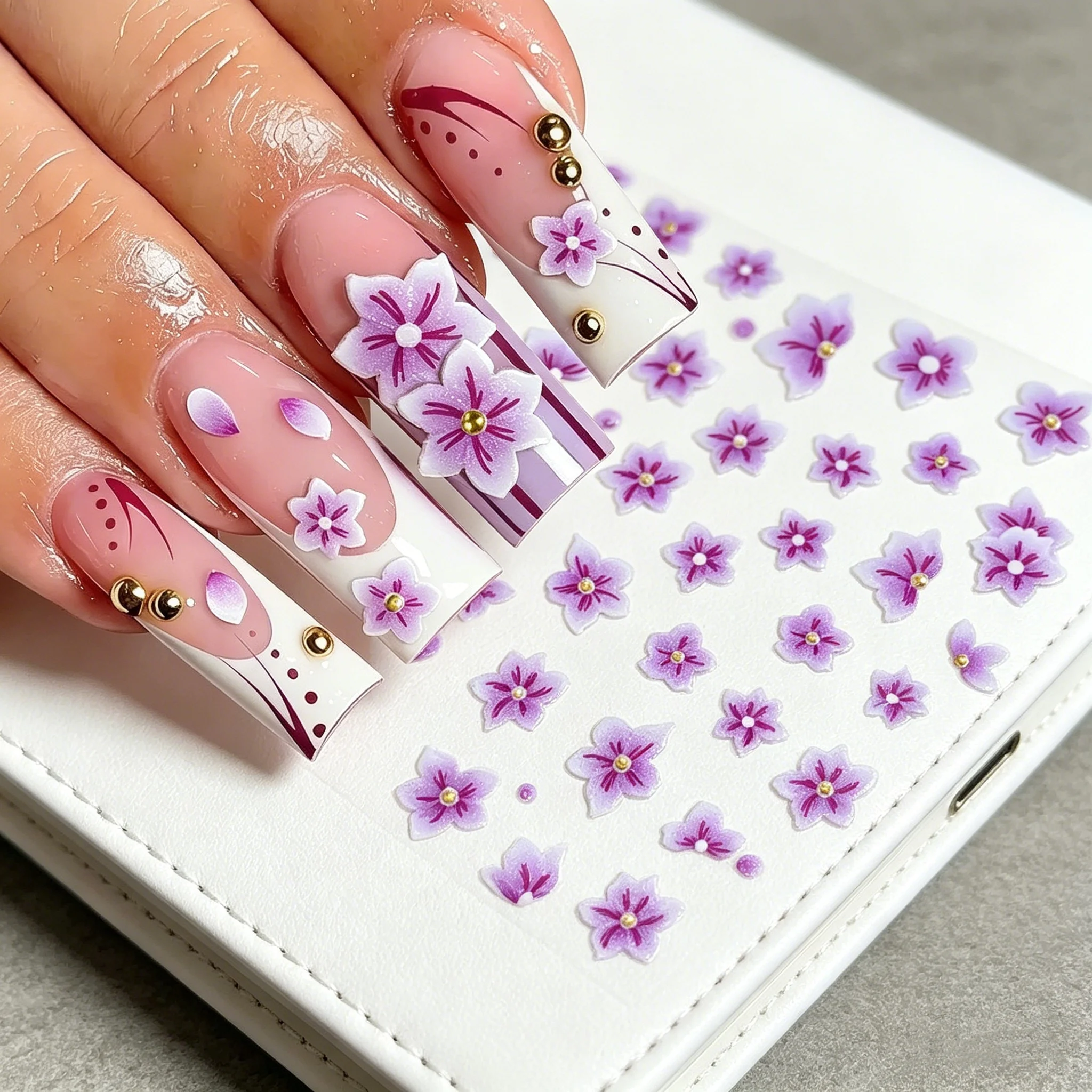 1Pc 5D Embossed Japanese Cherry Blossom Nail Decals Purple Sakura Nail Stickers Floral Sliders for Party & Daily Nail Decoration