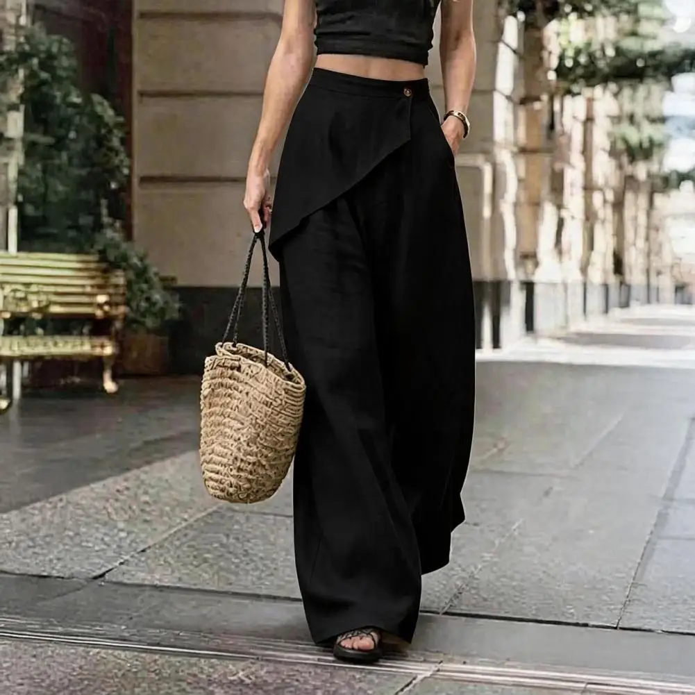 Comfortable Elastic Waist Pants Women Wide Leg Pants High Waisted Linen Blend Trousers Loose Fit Irregular Hem for Commuting