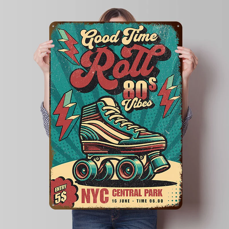 Vintage Retro 80s Roller Skate Party Tinplate Poster Customized Wall Art Vintage Metal Signs Retro Plates for Garage Decoration