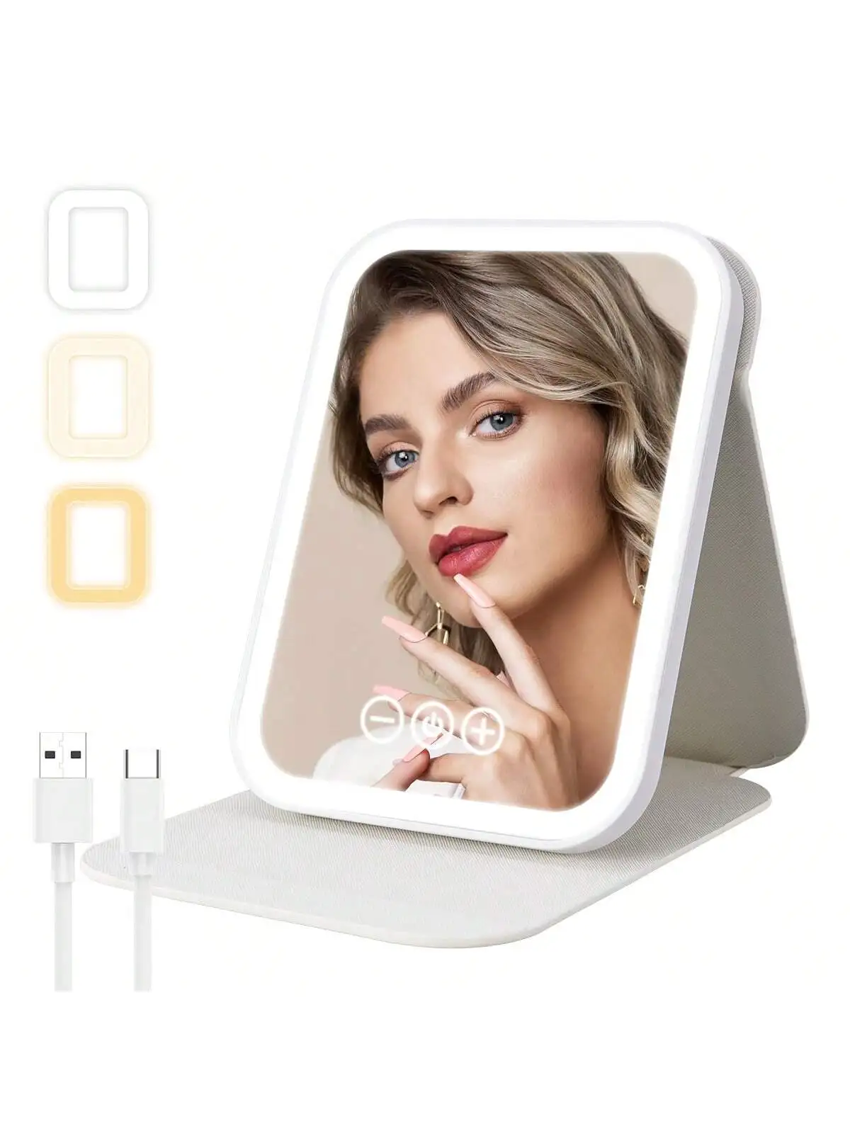 LED Makeup Mirror Portable Travel Lighted Beauty Mirror, 3 Color Lighting, Dimmable Touch Screen, Rechargeable Tabletop LED Fold