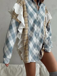 wsevypo Ruffle Trim Casual Plaids Shirts Women's Long Sleeve Lapel Neck Button Up Loose Fit Tops Spring Autumn Streetwear