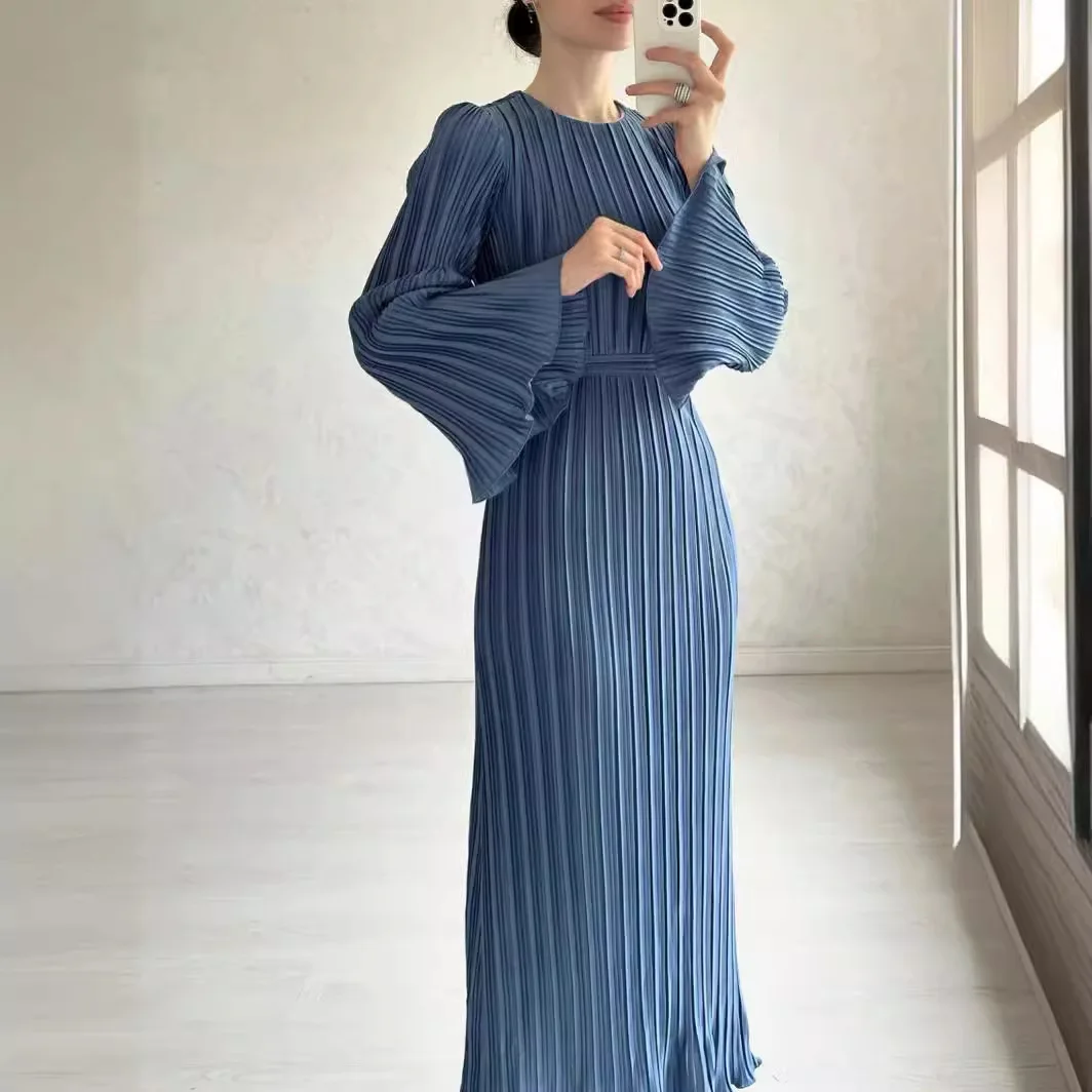 Muslim Solid Pressed Flared Sleeve Women's Dresses Turkish Islamic Abaya Dubai Multicolour Belted Long Sleeve Evening Dress