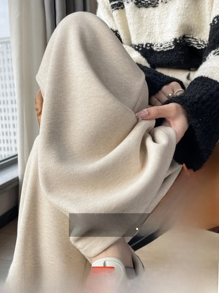 

Женские брюки с широкими штанинами на флисовой подкладке, осенне-зимние, прямые, шерстяные, повседневные, с высокой талией, длинные, для офиса