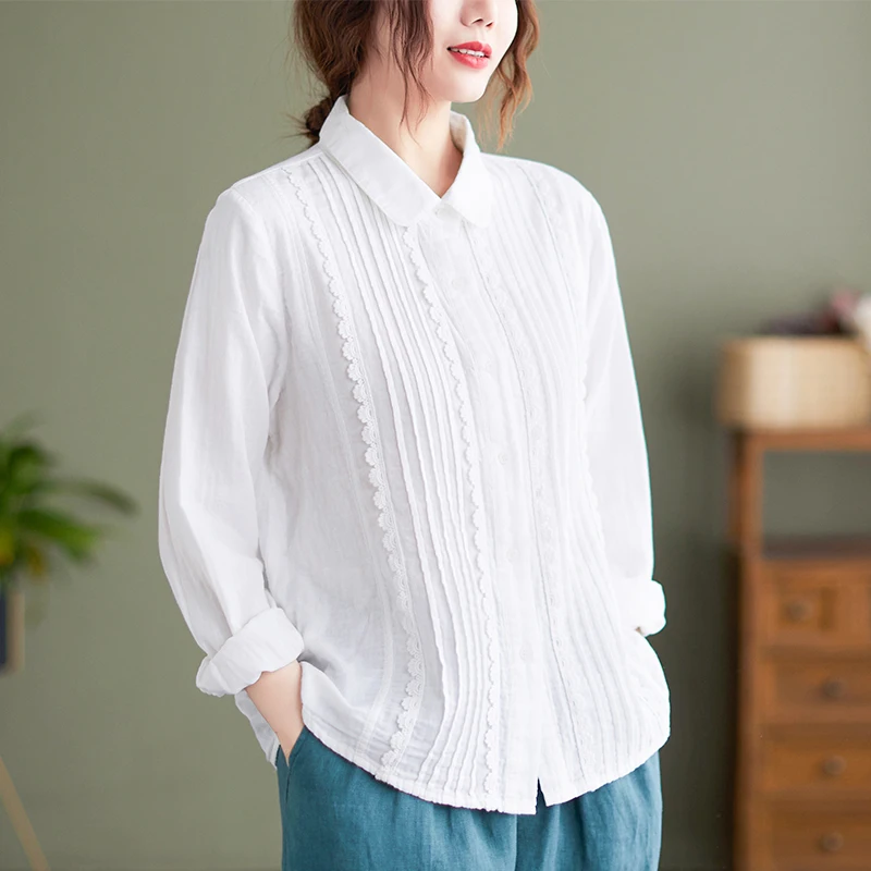 French Fashion Women Blouse Double Yarn Cotton Long Sleeves Loose Blouse for Sweet Lady Lace Patched Single Breast