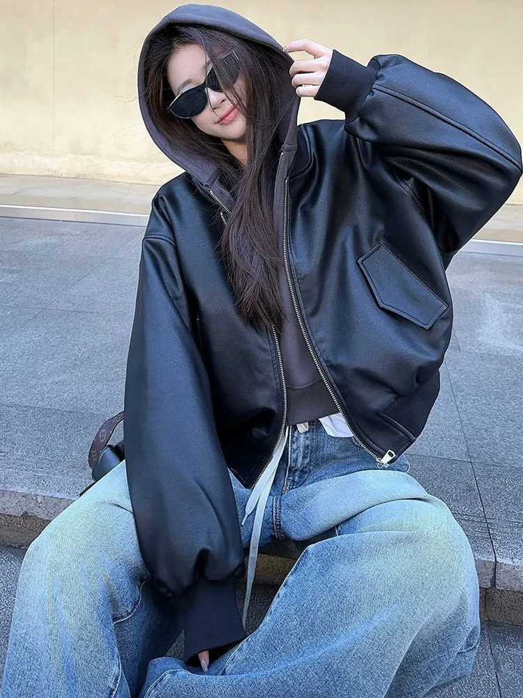 American Sle Retro Bla Jaet Women's Spring Autumn New Hong Kong Sle Small Size oulder Drop Model PU Leather Coat