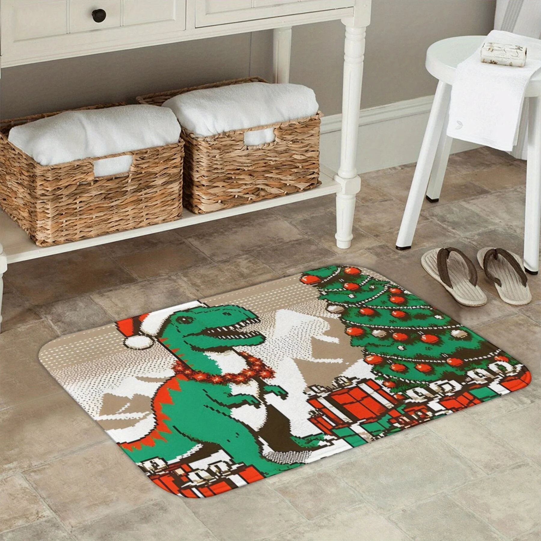 A Rectangular Dinosaur-Themed Christmas Doormat Made of Polyester - a Lightweight, Non-Slip Carpet Suitable for Home Decor, Fe