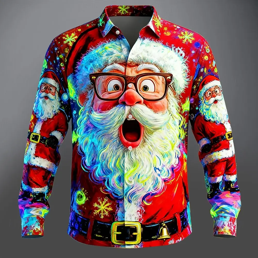 2026 Fall Casual Shirt,Christmas Men's 3D Graphic Long Sleeve,Street Style Fashion,Santa Claus Cartoon Smile Face Print Design