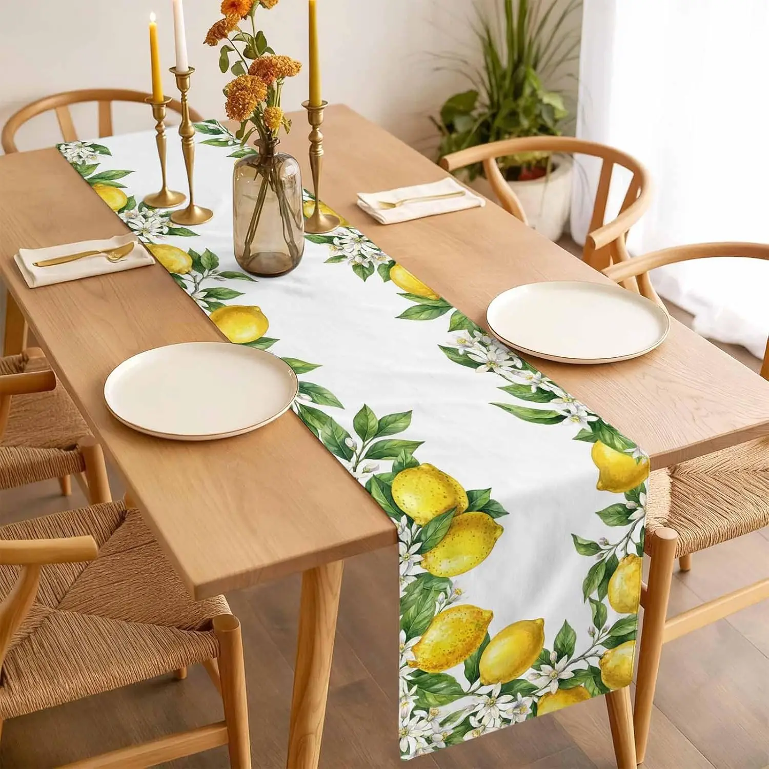 Sommer-Zitronenblüten-Blätter Leinen-Tischläufer Feiertagsdekoration Waschbarer Landhausstil Küchen-Esstisch-Läufer Hochzeitsdekoration