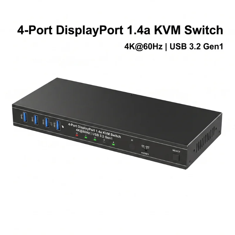 4Port DP KVM Switcher DP1.4a 4K60Hz HDCP2.2 USB3.2 Gen1 5Gbps IR Hotkey RS232 Control 4 Computers Share Keyboard Mouse Monitor