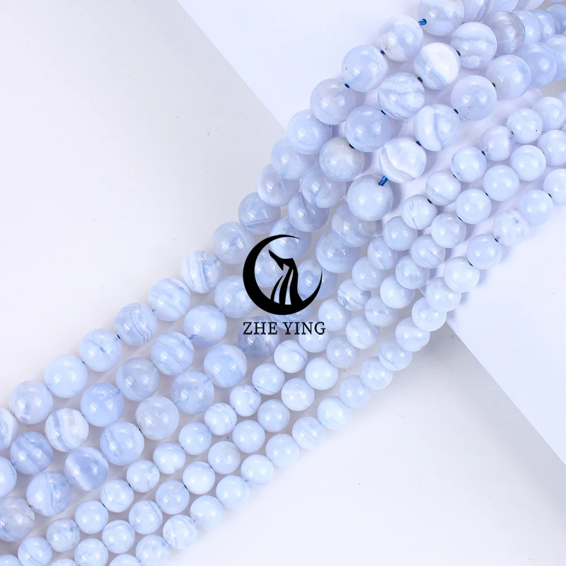 Zhe Ying 100% Natural Blue Lace Agates Stone Beads Round Loose Beads for Jewelry Making Needlework Beads Diy Bracelet 15\'\'