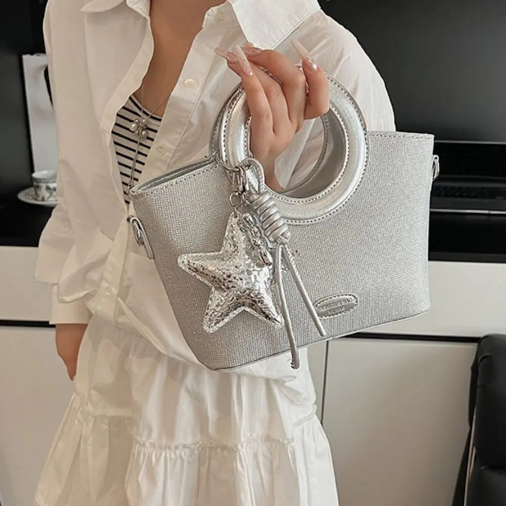 

Cute PU Sweet Star Silver Bag Tote Bag Crossbody Bag Small Basket Bag Korean Style Shoulder Bag Shining Banquet Handbag Travel
