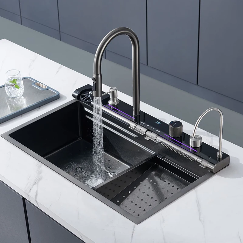Factory Direct 2026 Modern Popular Nickel Large Single Slot Kitchen Sink Waterfall Multi Function Stainless Steel Kitchen Sinks