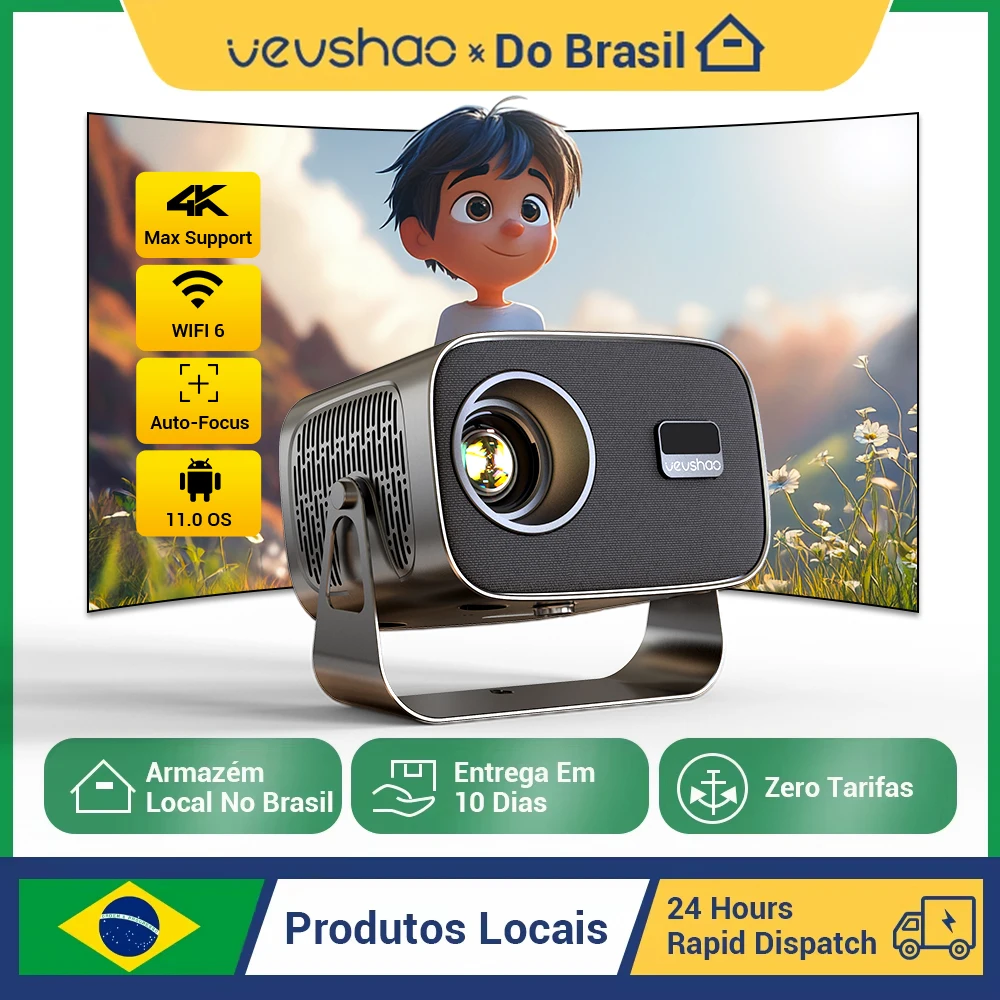 VEVSHAO A12 4K Android13 Projetor SmartPhone Nativo Auto Focus Keystone BT5.2 WIFI6 Portátil 360 ° Gire 1280*720P Cinema em casa
