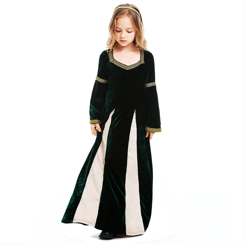 Kids Girls Media Princess Cosplay Fantasy Dark Green Retro Gown Halloween Renaissance Disguise costume Vintage Outfits