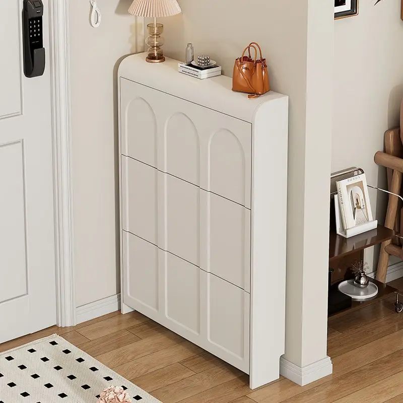 Cream ultra-thin tipping bucket shoe cabinet household door entry against the wall door storage entrance integrated large-capaci