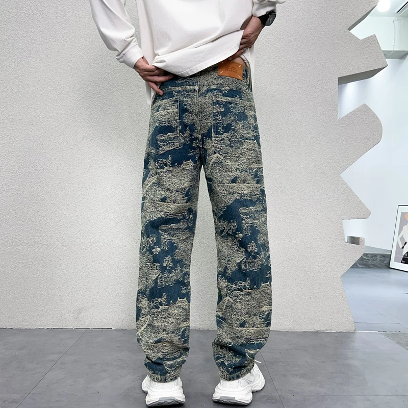 2024 American retro personalized design embroidery jeans men's high street tide brand hip-hop loose straight wide-leg pants