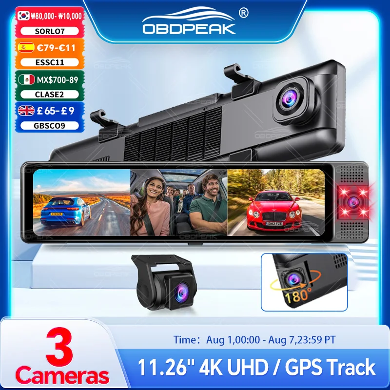 OBDPEAK 3 Kamerowa Kamera Samochodowa 4K DVR Przednia Wewnętrzna Tylna 1080P GPS Śledzenie Noktowizor…