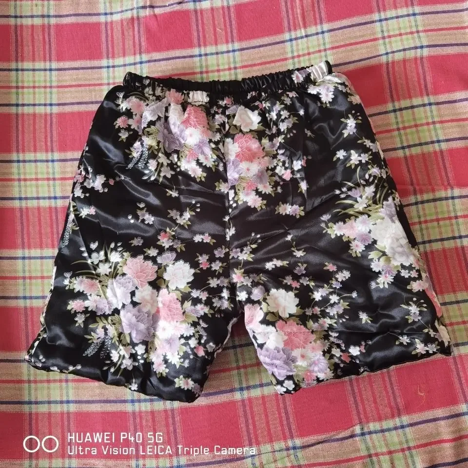 Jedwabiste, kwieciste, ręcznie robione, grube, zimowe, ciepłe szorty z mieszanki bawełny, elastyczny pas