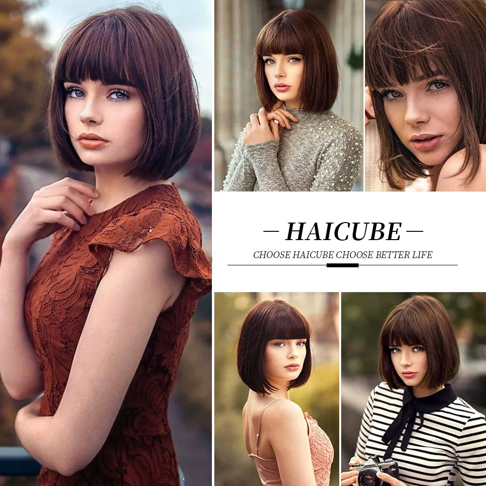 HAIRCUBE Straight Bob Human Hair Wigs with Bang Dark Brown Short Bob Wigs for Woman Remy Hair Machine Made Wigs Heat Resistant