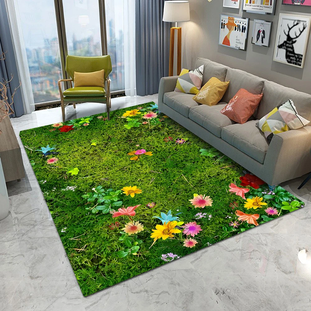 Realistic Grass Wildflower Area Rug 2026 Nature Garden Decor Non-Slip Washable Carpet Soft Living Room Mat