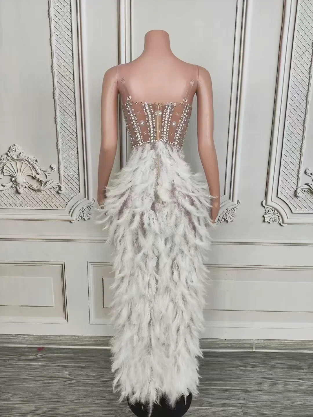 Feminino elegante festa de noite aniversário desempenho photoshoot traje luxo brilho vermelho strass pena sexy malha vestido longo