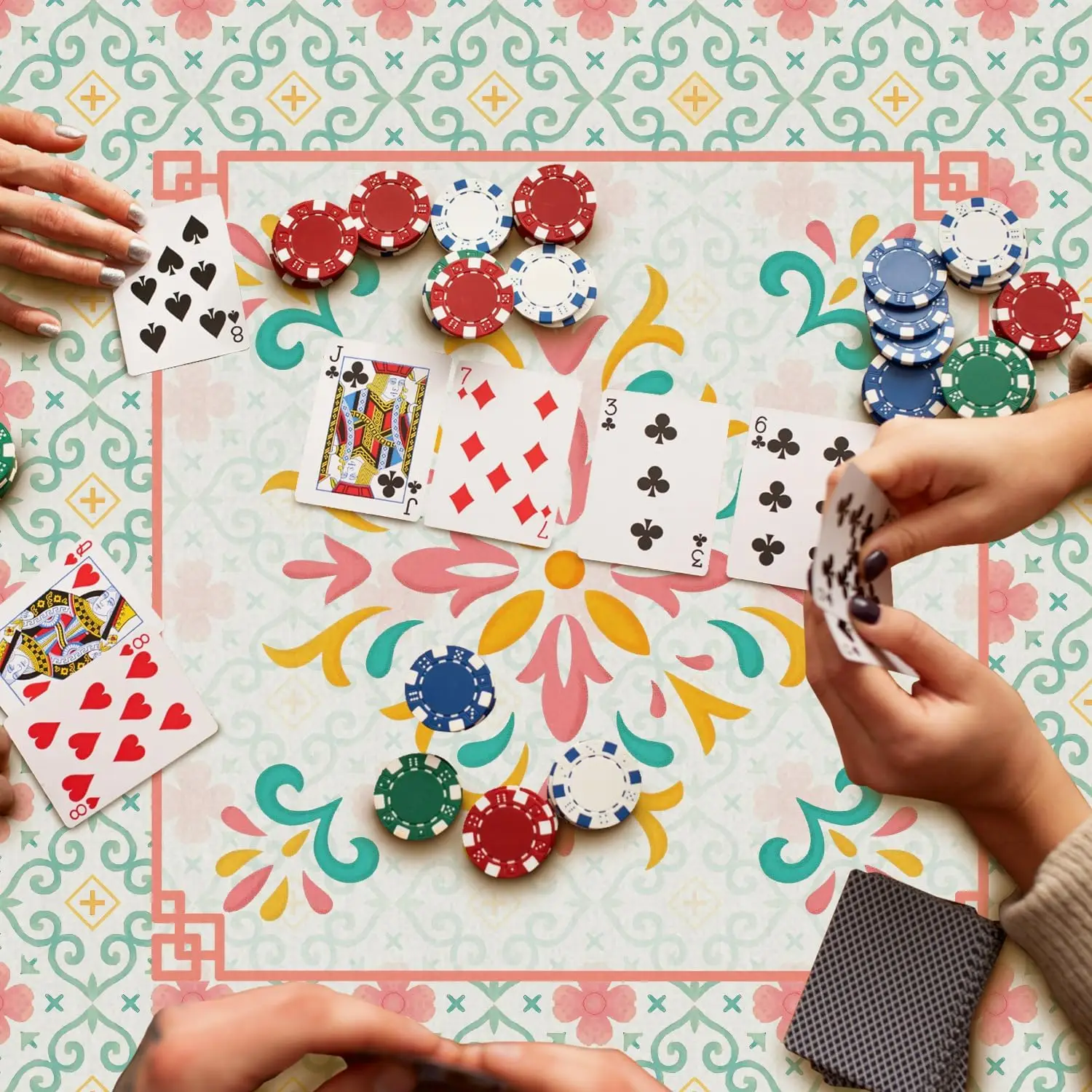 Abstract Turquoise Pink Chinoiserie Floral Mahjong Mat 31.5x31.5 NonSlip Noise Reduction for American Mahjong Poker Dominoes