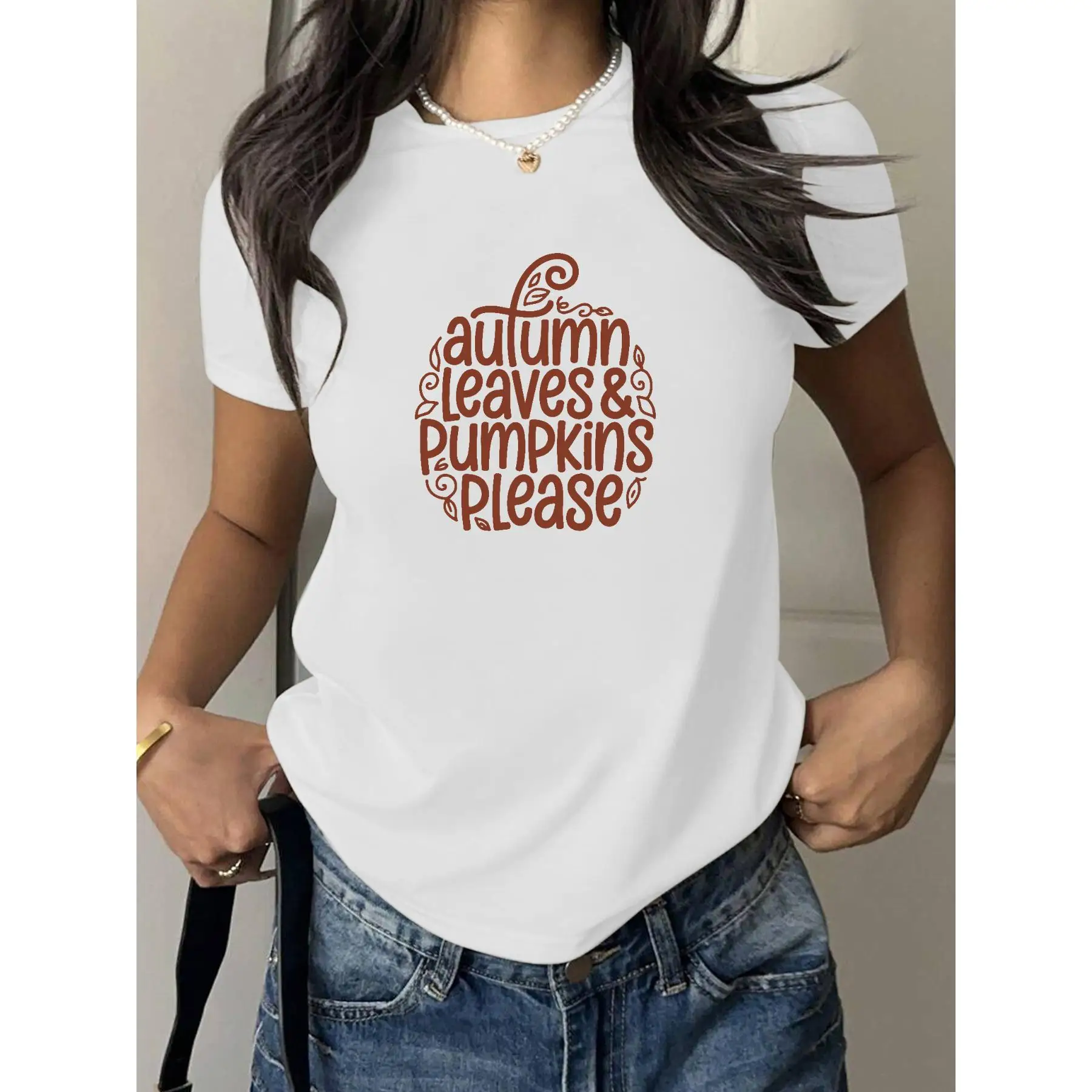 

Women's Autumn Leaves Pumpkin T-shirt "Autumn Leaves & Pumpkins Please" Print Short Sleeve Loose Cozy Fall Fashion
