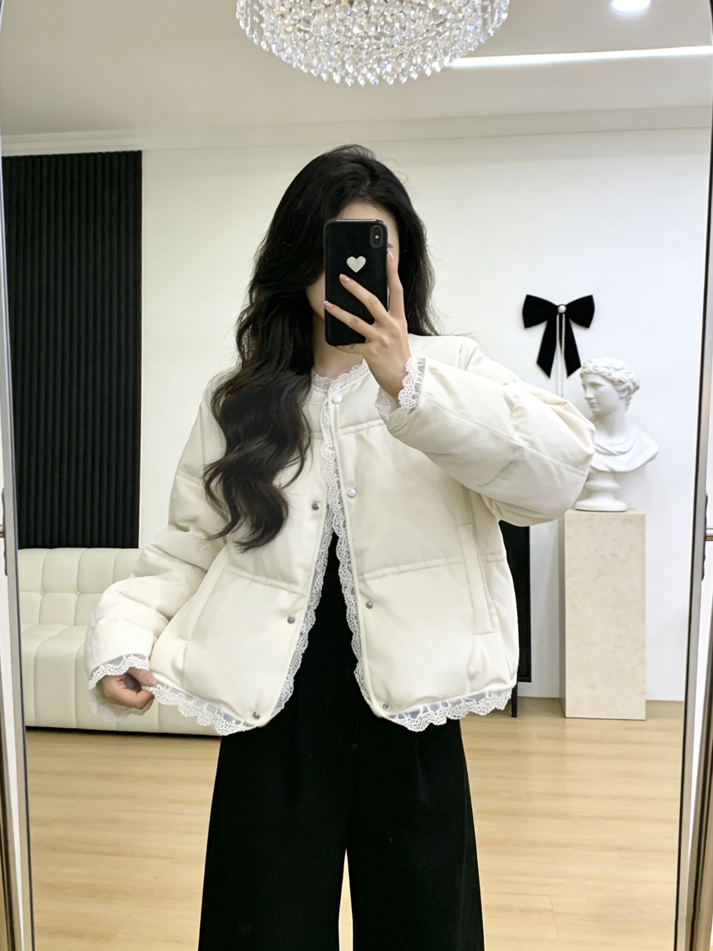 

Korean Sle Retro Lace Splicing ort down Cotton Jaet Women's Thiened Autumn Winter Small Size Warm Versatile Bread Coat